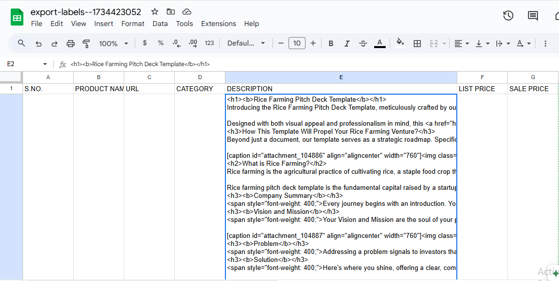 csv file with product code