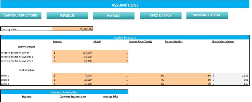 Auto Repair Excel Financial Model- Input Sheet