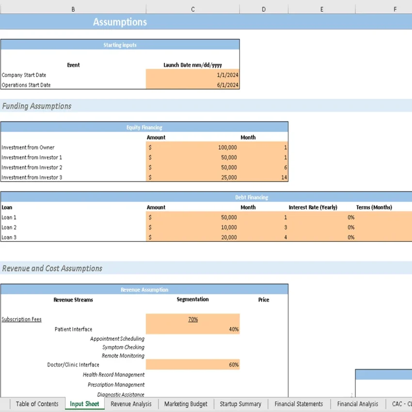 Digital Medical Assistant Financial Model - Input Sheet