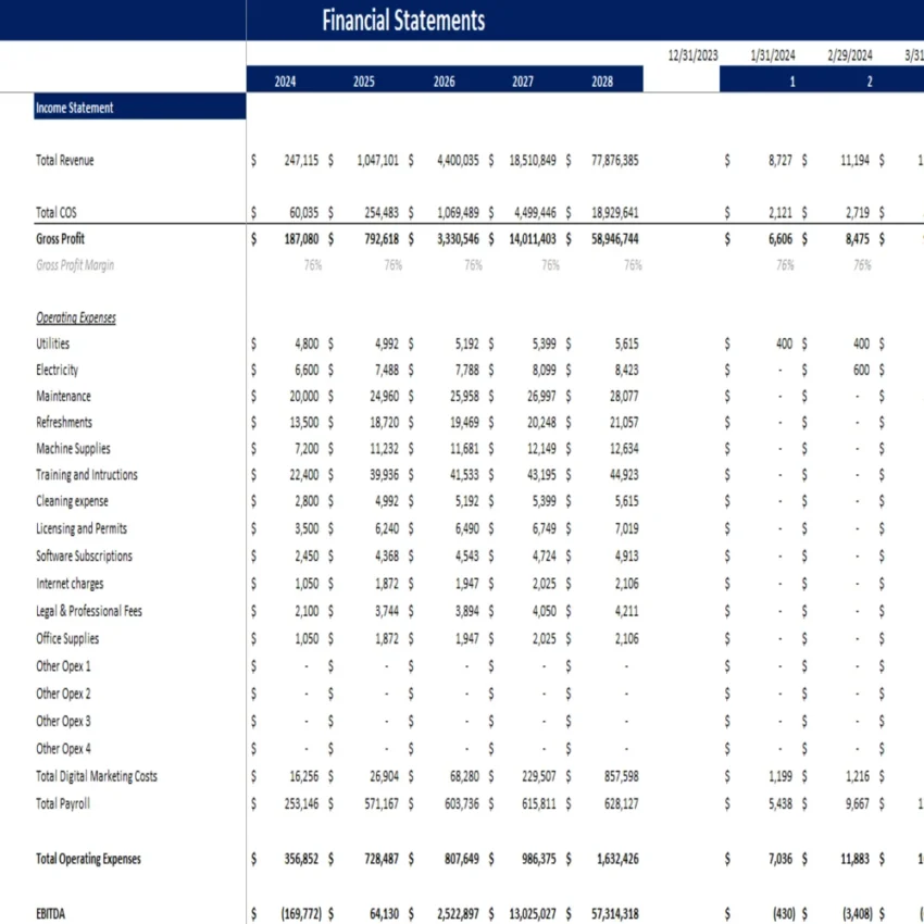 Fitness Center Excel Financial Model - Income Statement