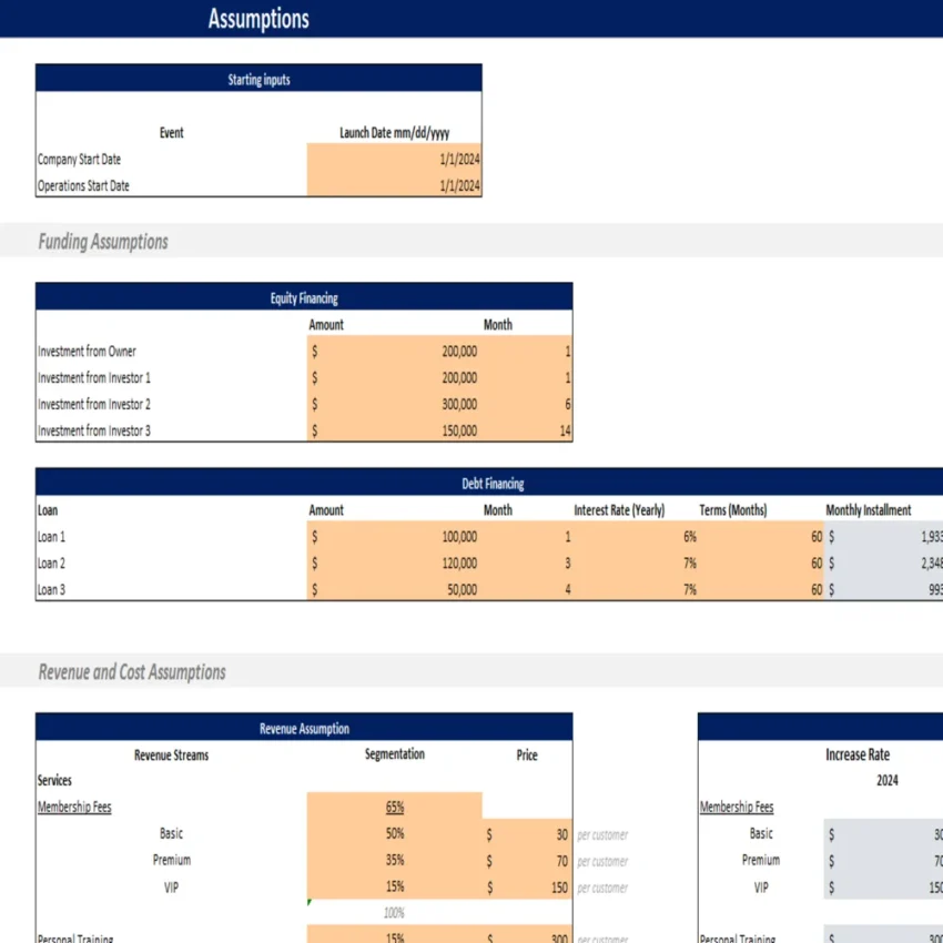 Fitness Center Excel Financial Model - Input Sheet