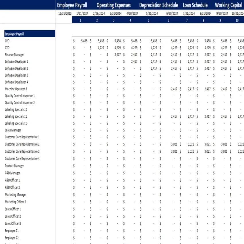 Fitness Center Excel Financial Model - Working Sheet