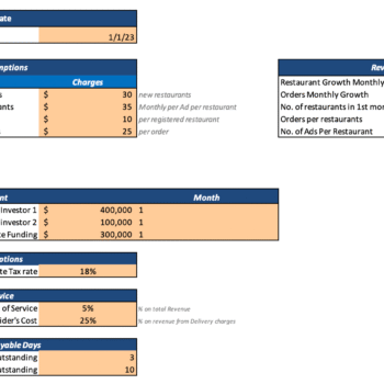 Online Food Delivery Excel Financial Model - Input Sheet
