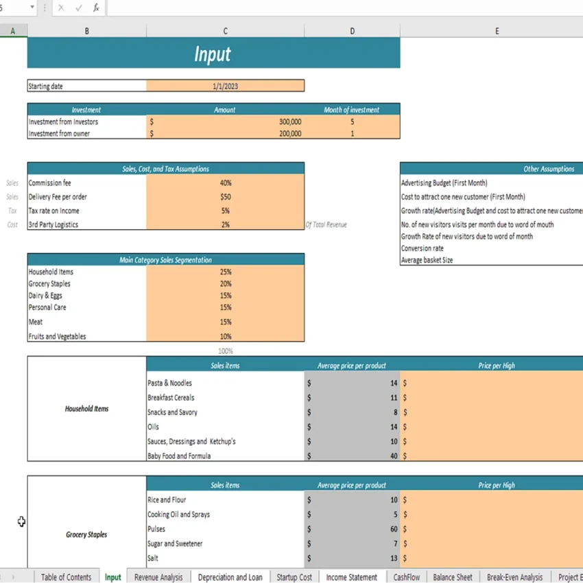 Online Grocery Delivery Excel Financial Model - Input Sheet