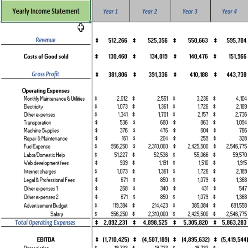 Online Organic Store Excel Financial Model Projection Template - Yearly Income Statement Projection