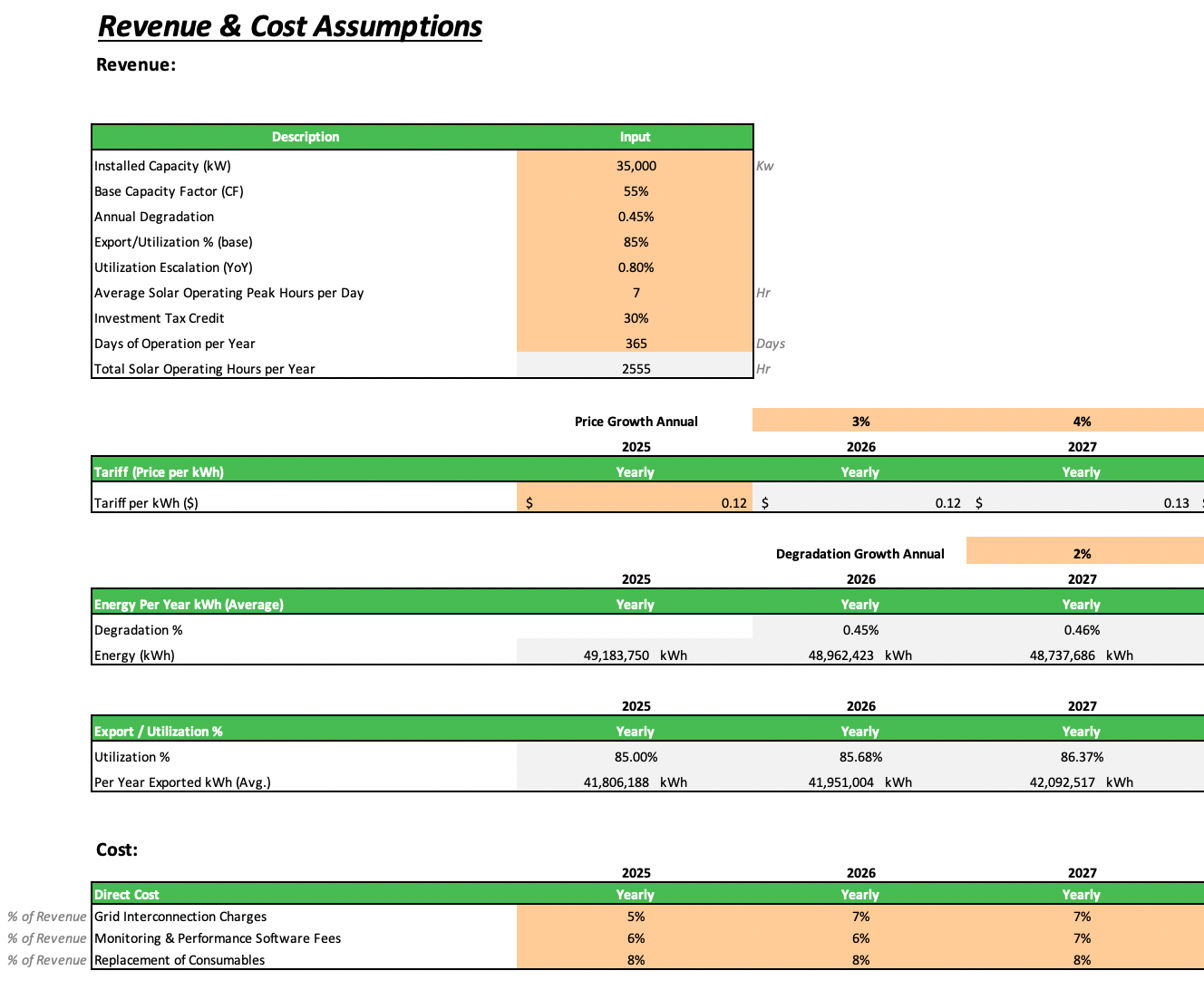 Solar Energy Excel Financial Model - Input Sheet