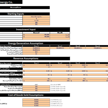 Solar Energy Excel Financial Model Template - Assumption Sheet