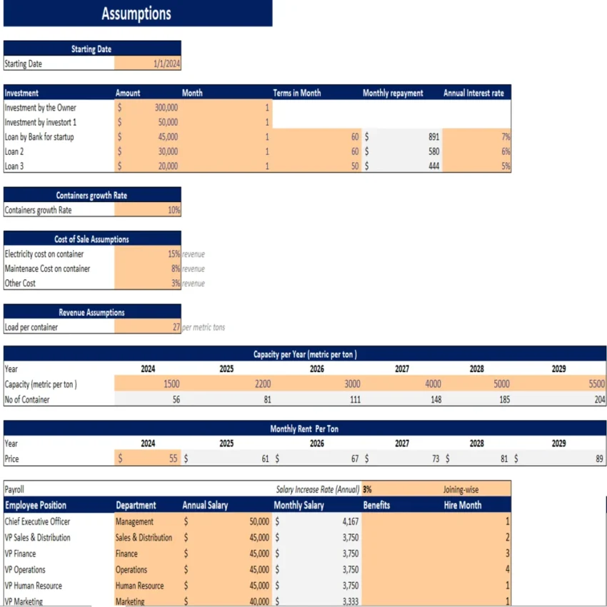 Cold Storage Excel Financial Model - Input Sheet