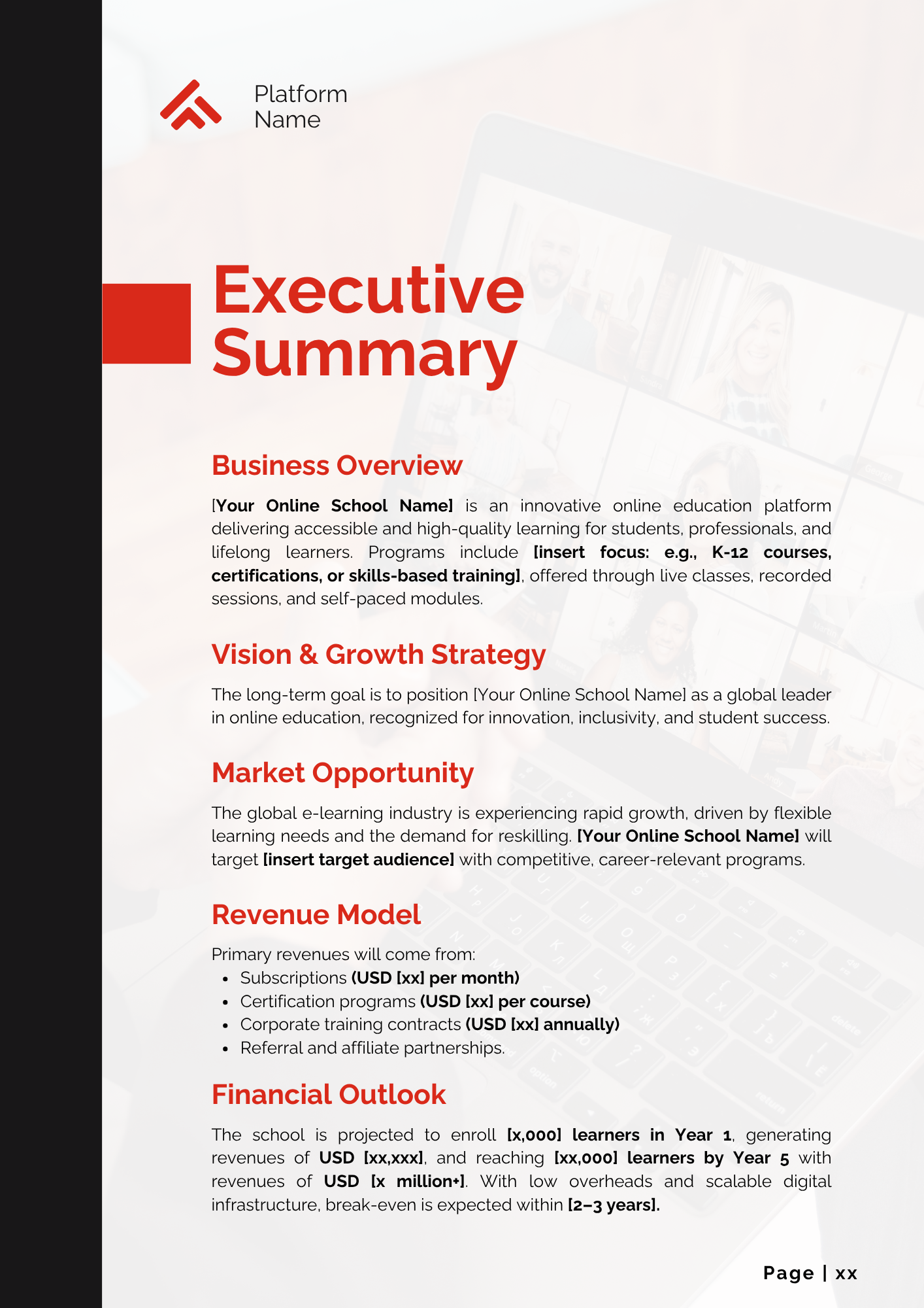 Online School Business Plan Template - Executive Summary