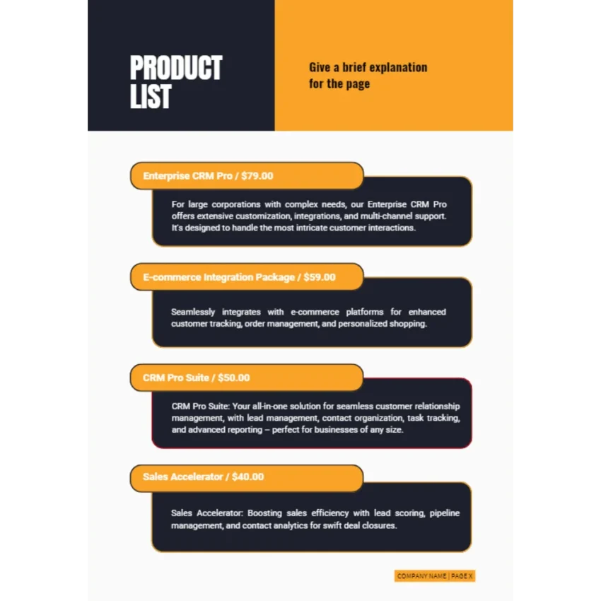 CRM Software Business Plan - Product List