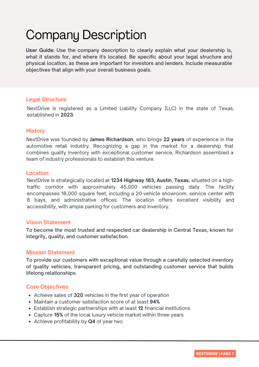 Car Dealer Business Plan Template - Company Description