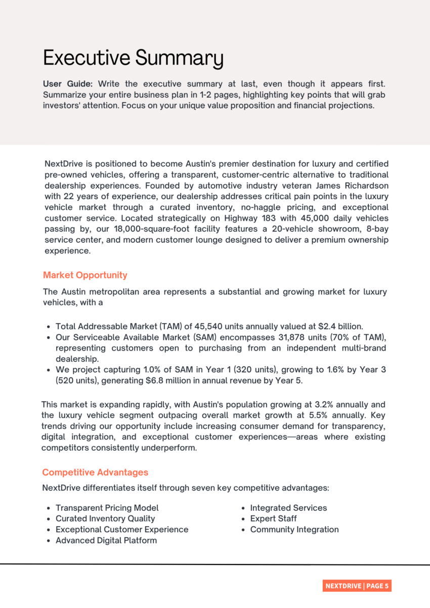 Car Dealer Business Plan Template - Executive Summary