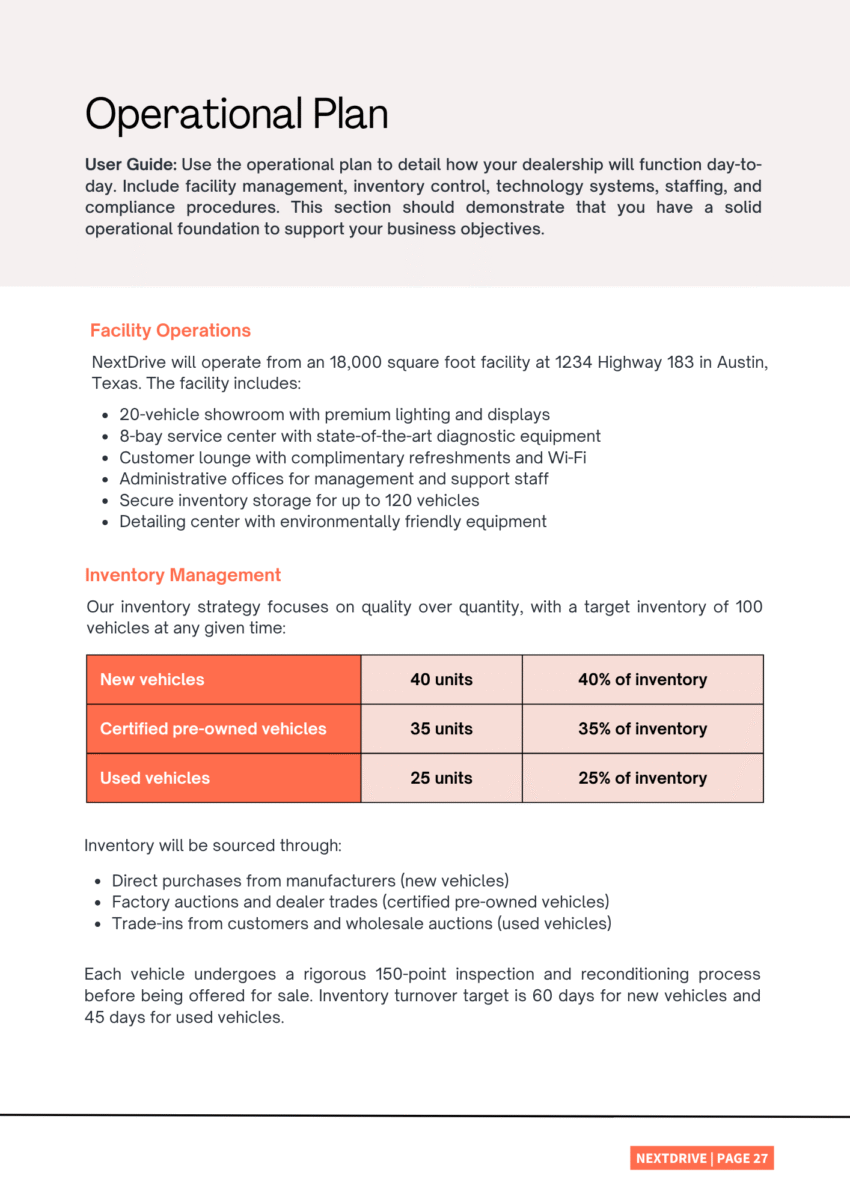 Car Dealer Business Plan Template - Operational Plan