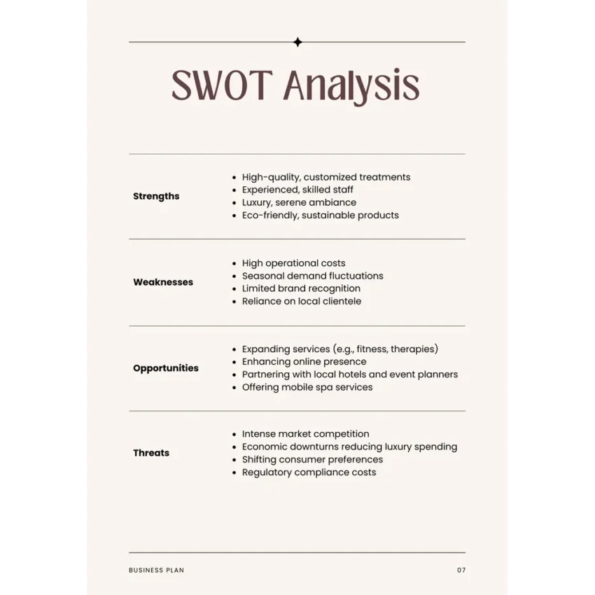 Spa Business Plan Template - SWOT Analysis