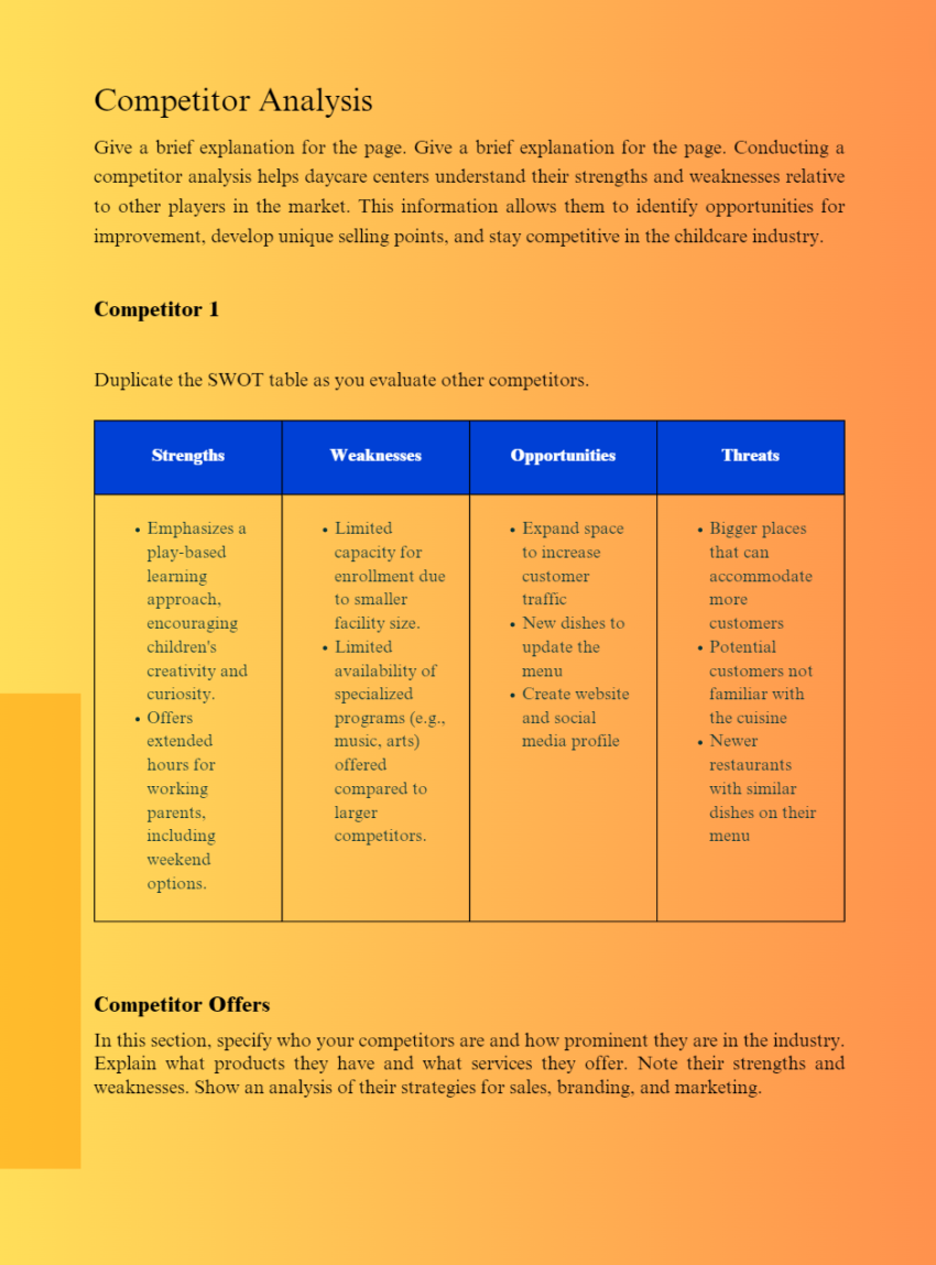 Daycare Center Business Plan Template-Competitor Analysis