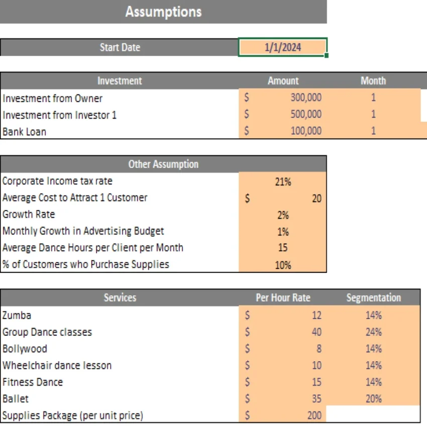 Dance Studio Excel Financial Model Projection Template - Assumptions