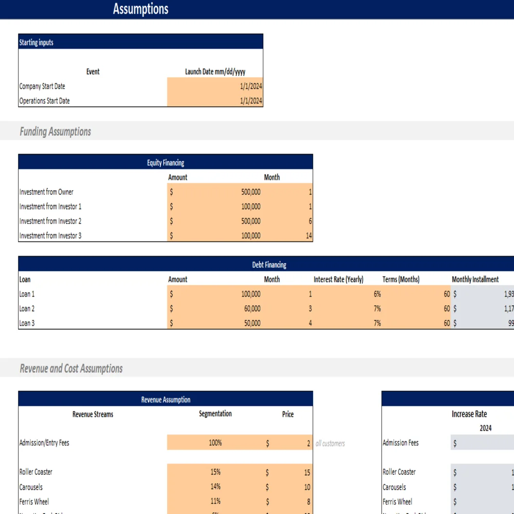 Theme Park Excel Financial Model - Input Sheet