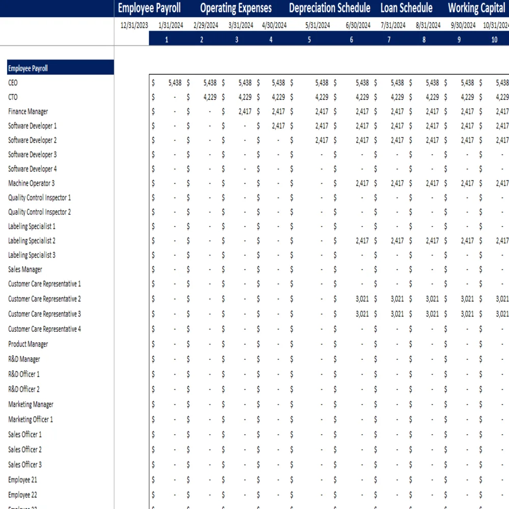 Theme Park Excel Financial Model - Working Sheet