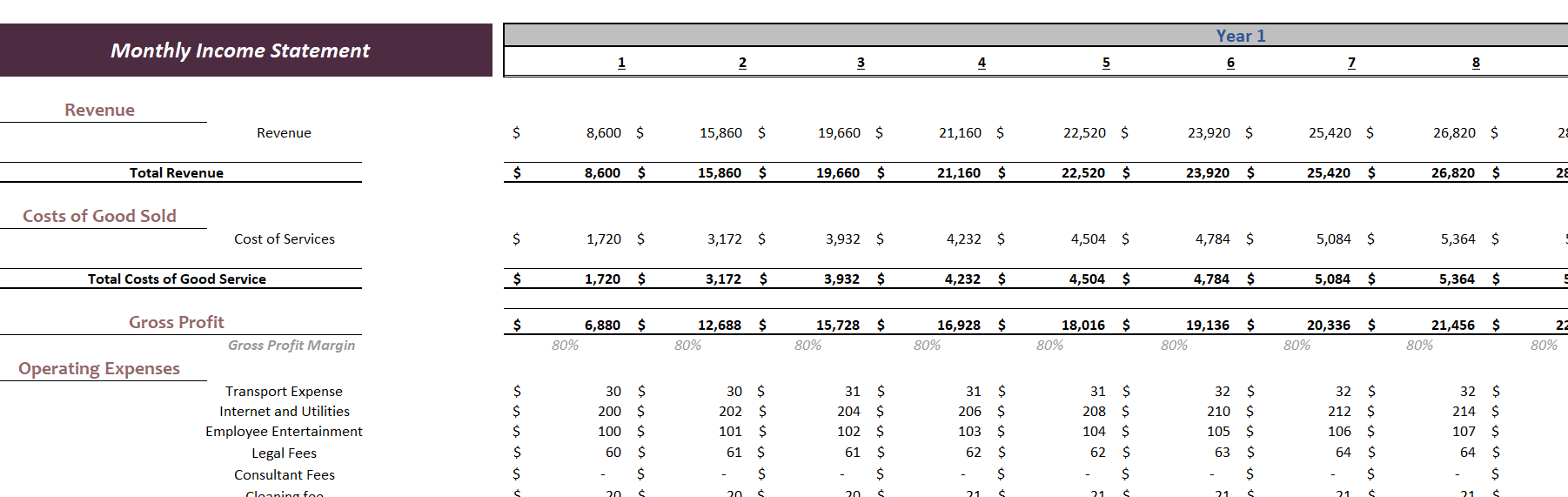 Drug Rehab Excel Financial Model Template-Income Statement (Monthly)