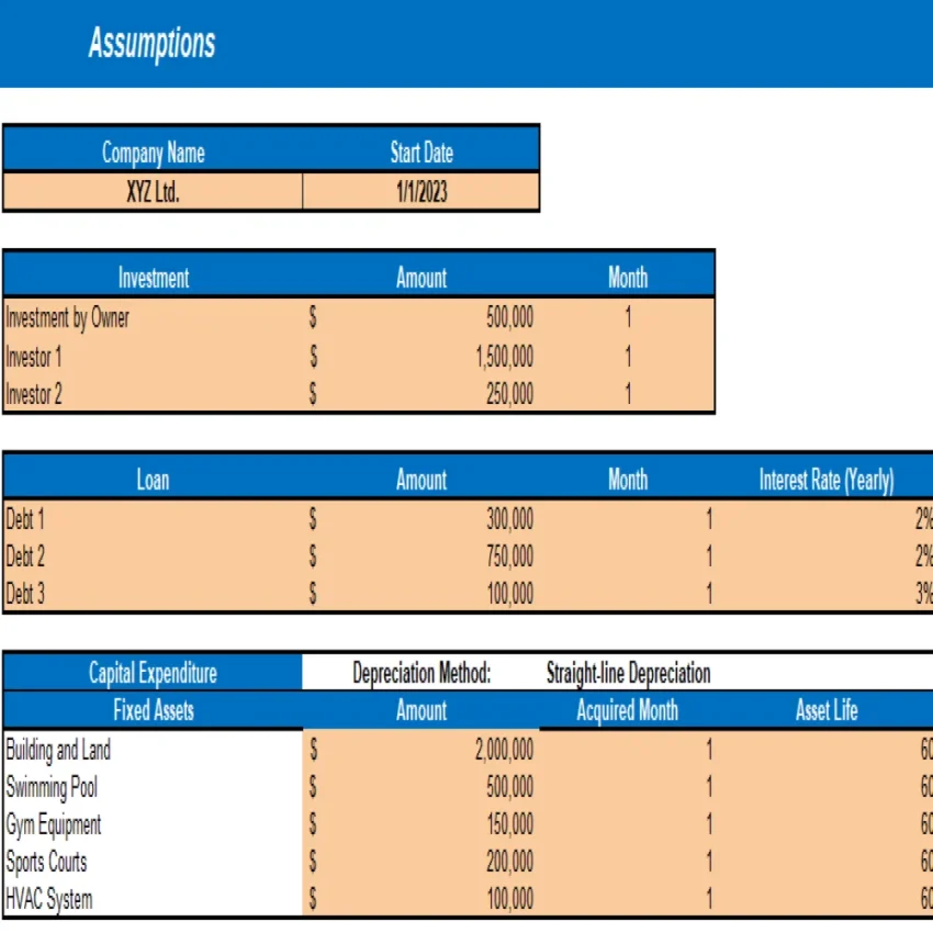 Recreation Center Excel Financial Model Projection Template - Assumptions