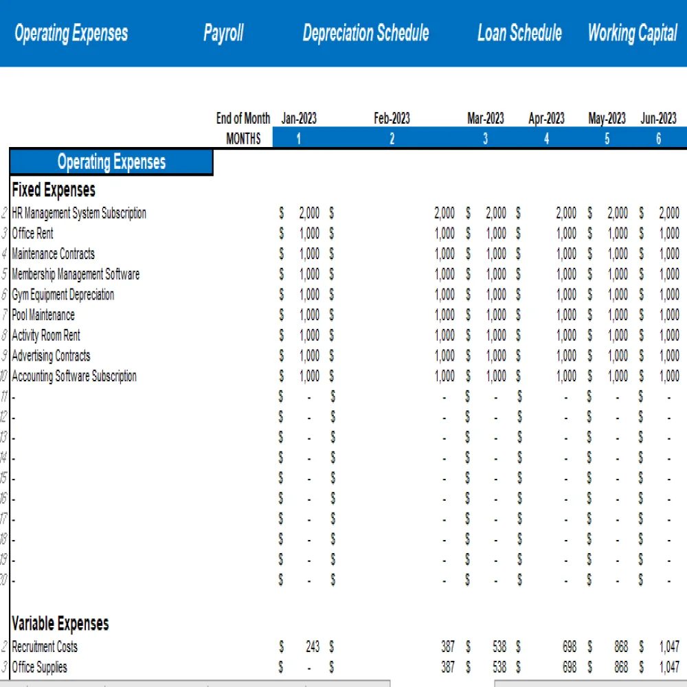 Recreation Center Excel Financial Model Projection Template - Supporting Details