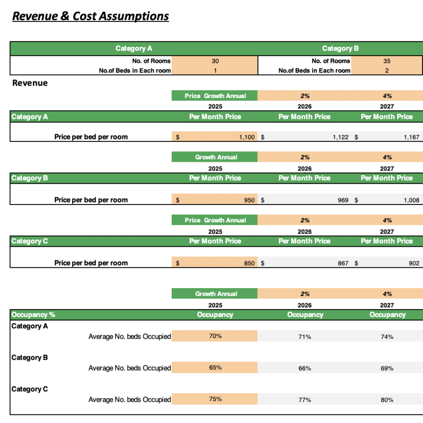 Hostel Excel Financial model - Input Sheet