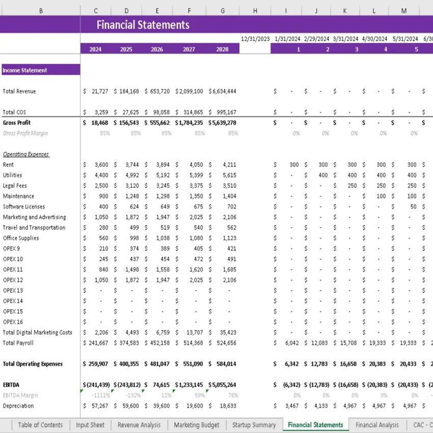 Toys Marketplace Excel Financial Model - Income Statement