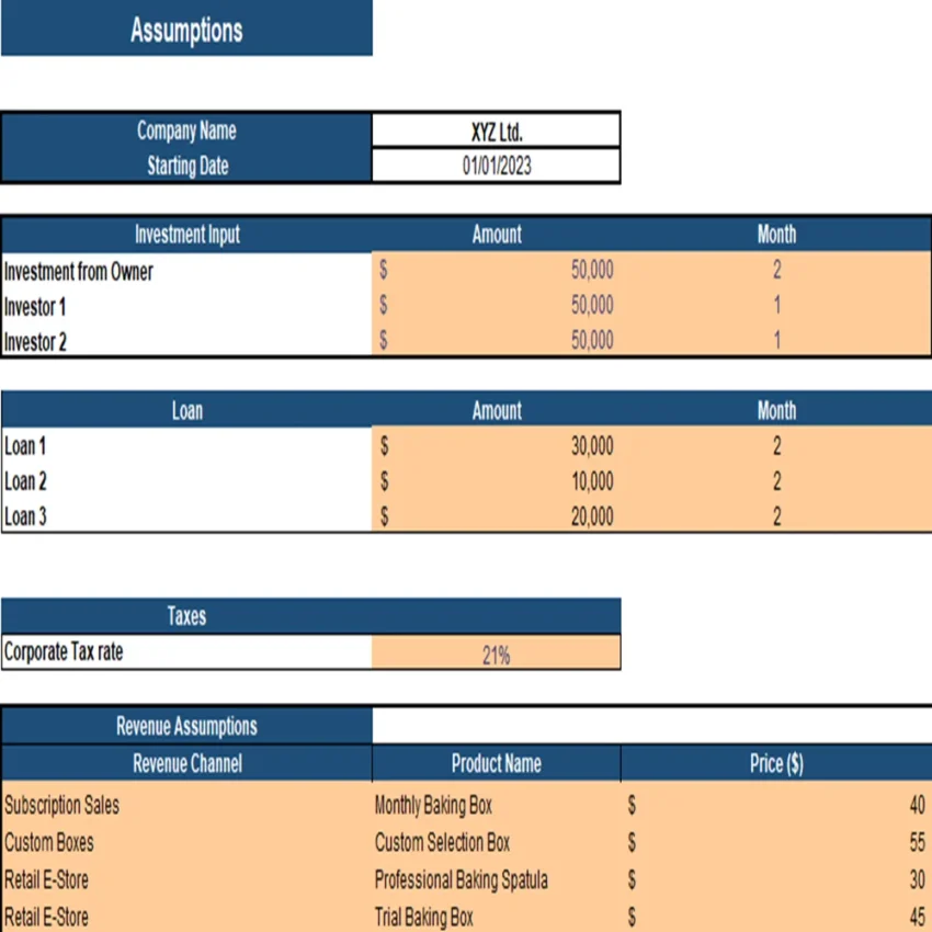 Baking Subscription Box Excel Financial Model Projection Template - Input Sheet