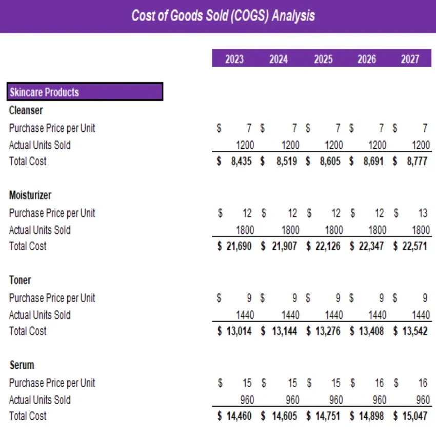 Beauty and Health Marketplace Excel Financial Model Projection Template - COGS Analysis