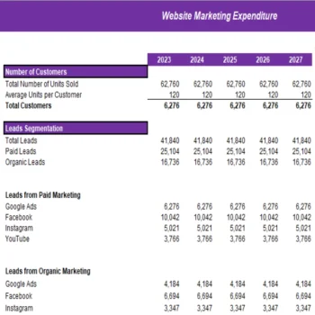 Beauty and Health Marketplace Excel Financial Model Projection Template - Website Marketing Expenditure