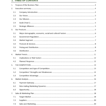 Ride Hailing App Business Plan- Table Of Content