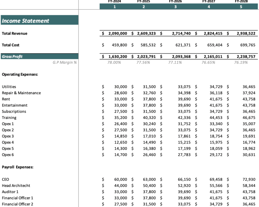 Architecture Excel Financial Model - Income Statement