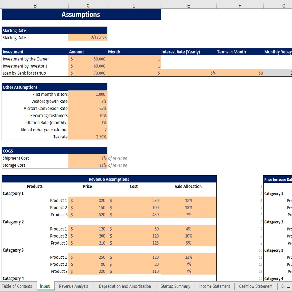 Rental Equipment Excel Financial Model - Input Sheet