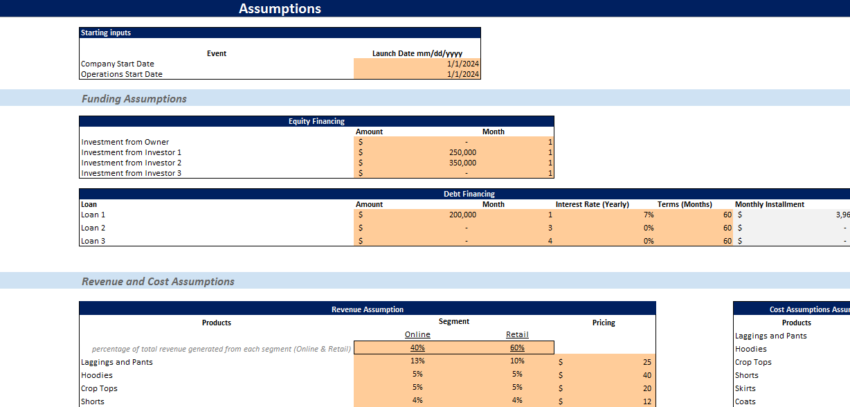 Clothing Brand Financial Model-Input Sheet