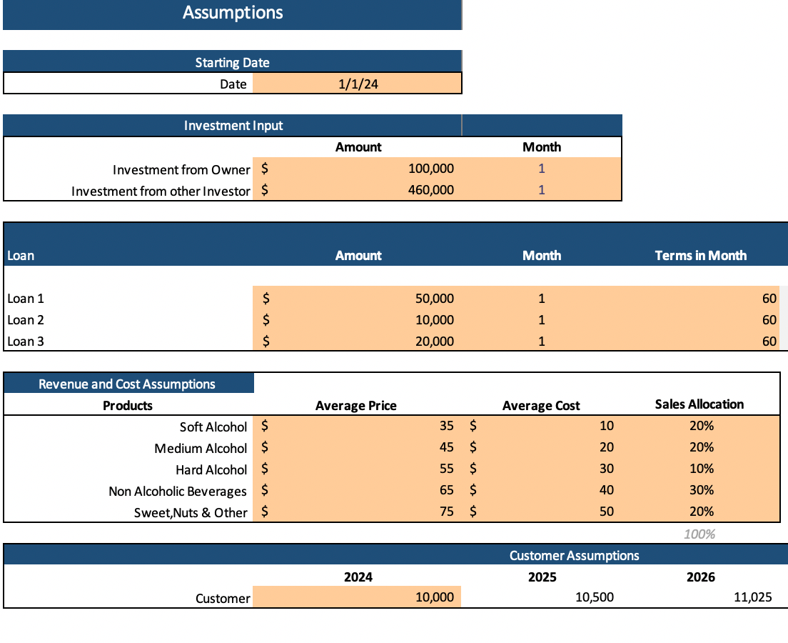 Liquor Store Excel Financial Model - Inout Sheet