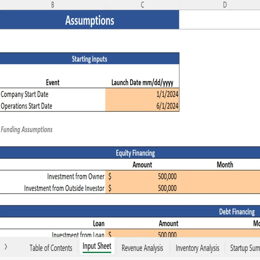 Furniture Store Financial Model - Input Sheet