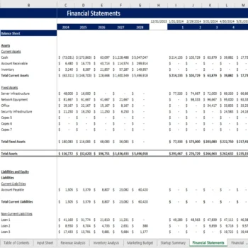 Jewelery Store Excel Financial Model - Balance Sheet