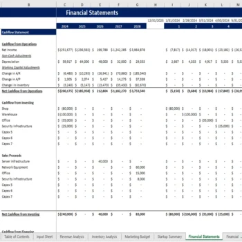 Jewelery Store Excel Financial Model - Cashflow Statement