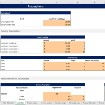 Jewelery Store Excel Financial Model - Input Sheet