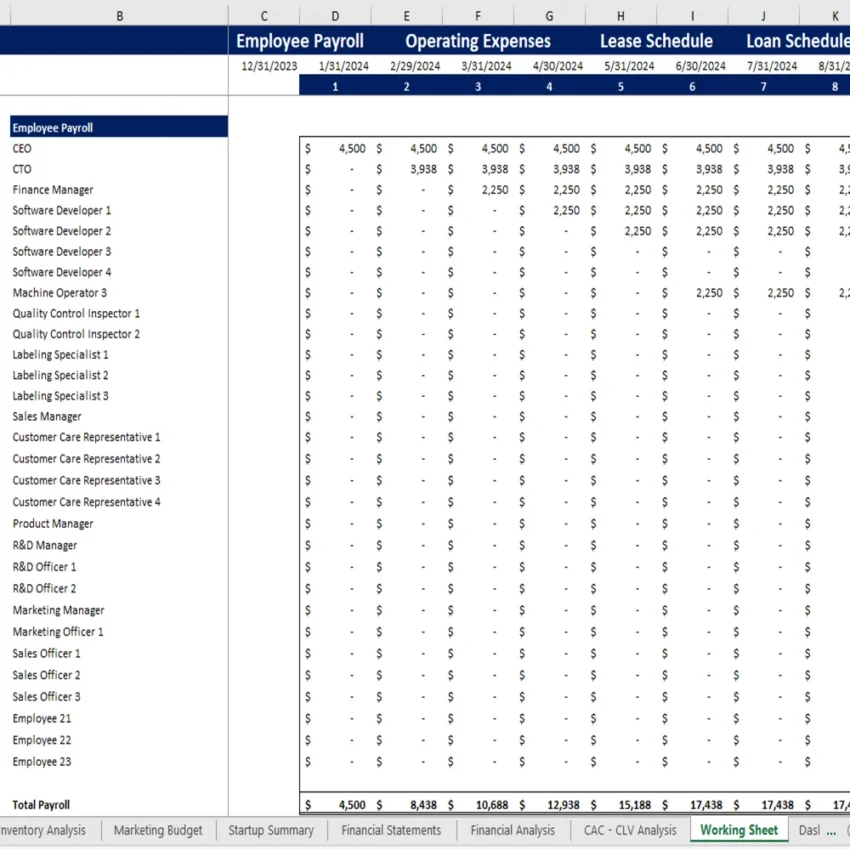 Jewelery Store Excel Financial Model - Working Sheet