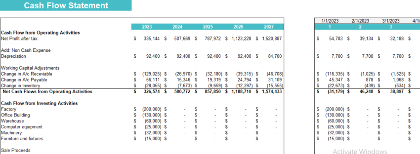 Mountain Bike Dealer Excel Financial Model-Cashflow Statement