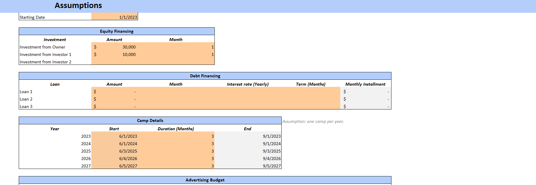 Summer Camp Financial Model Excel Template-Assumptions