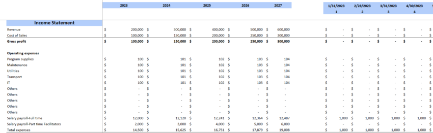 Summer Camp Financial Model Excel Template-Income Statement