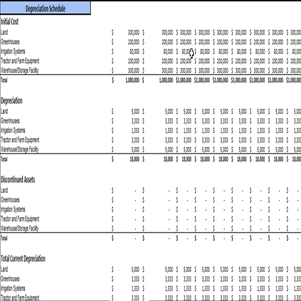 Botanical Farming Excel Financial Model Projection Template - Depreciation Schedule