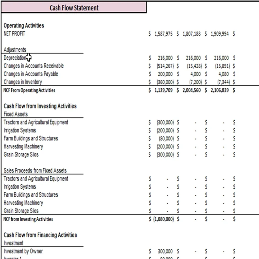 Wheat Farming Excel Financial Model Projection Template - Cash Flow Statement Projection