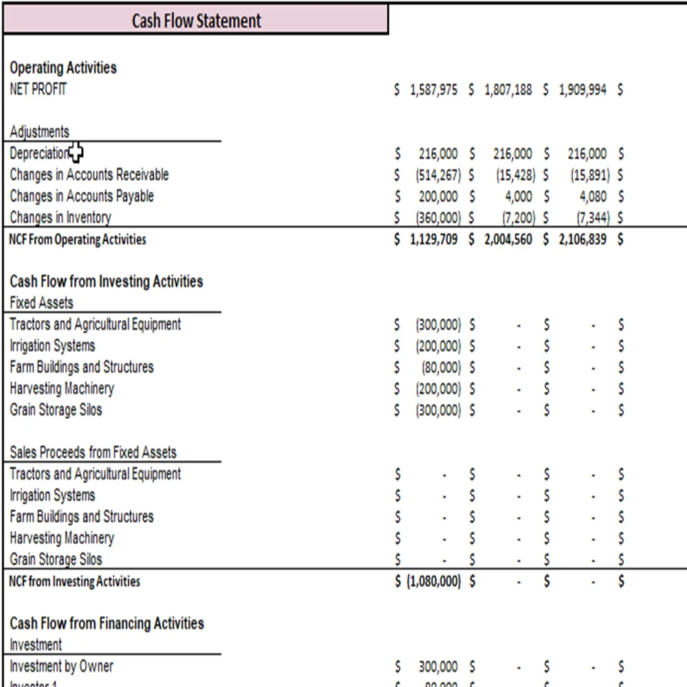 Wheat Farming Excel Financial Model Projection Template - Cash Flow Statement Projection